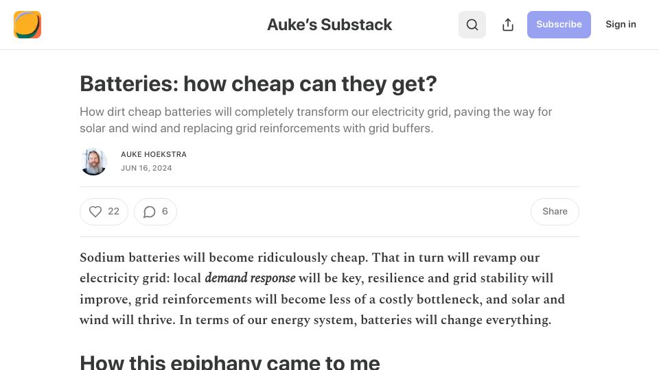 Screenshot of aukehoekstra.substack.com: Batteries: How cheap can they get?