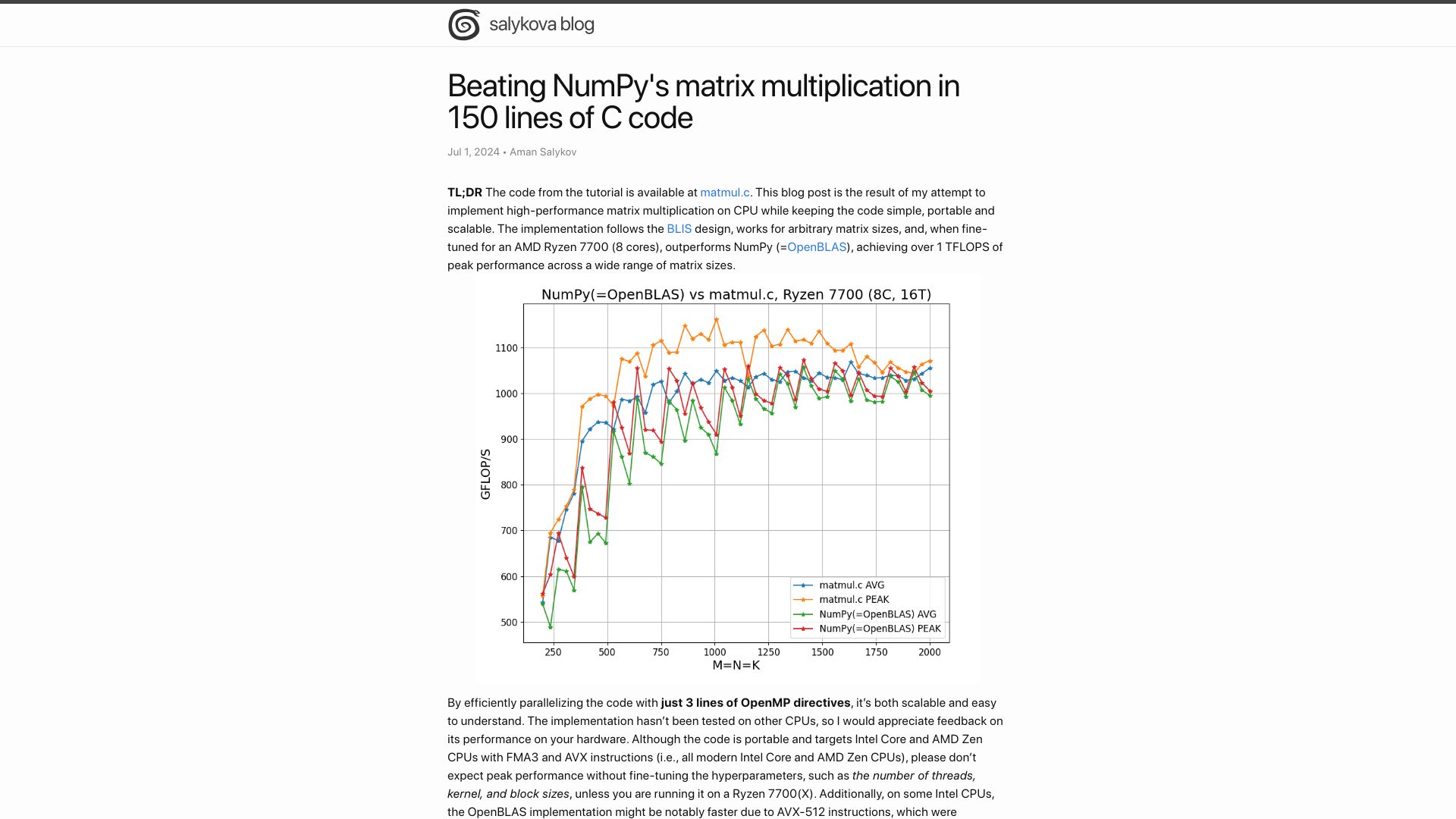 Screenshot of salykova.github.io: Beating NumPy matrix multiplication in 150 lines of C
