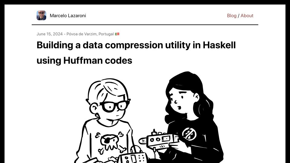 Screenshot of lazamar.github.io: Building a data compression utility in Haskell using Huffman codes