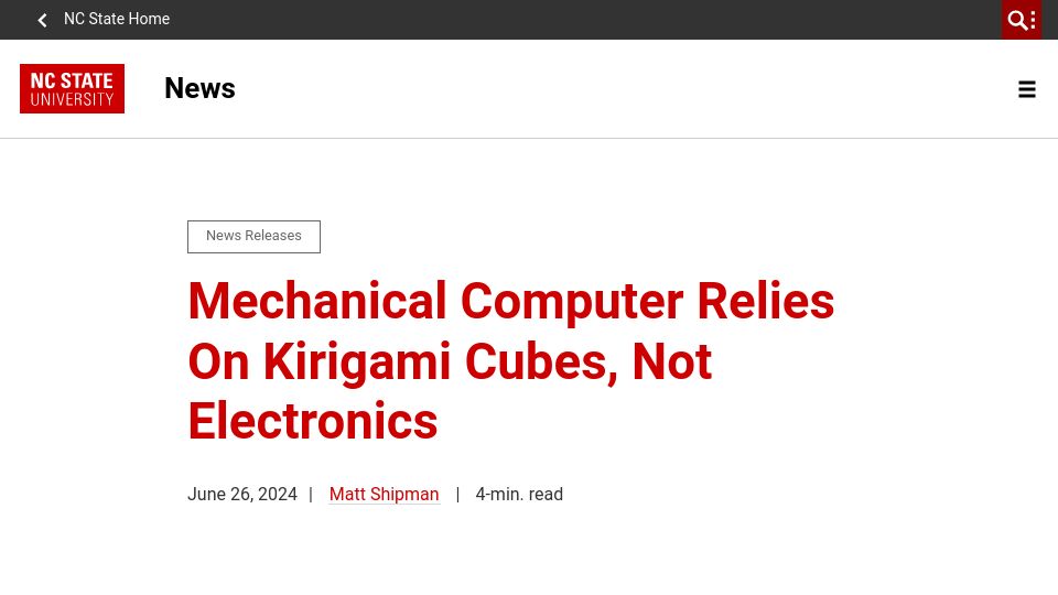 Screenshot of news.ncsu.edu: Mechanical computer relies on kirigami cubes, not electronics