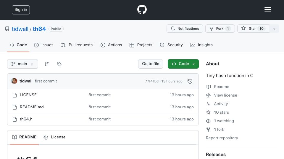 Screenshot of github.com: Th64: Tiny Hash Function in C