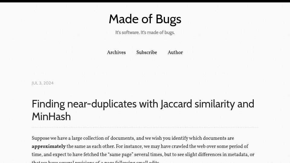 Screenshot of blog.nelhage.com: Finding near-duplicates with Jaccard similarity and MinHash
