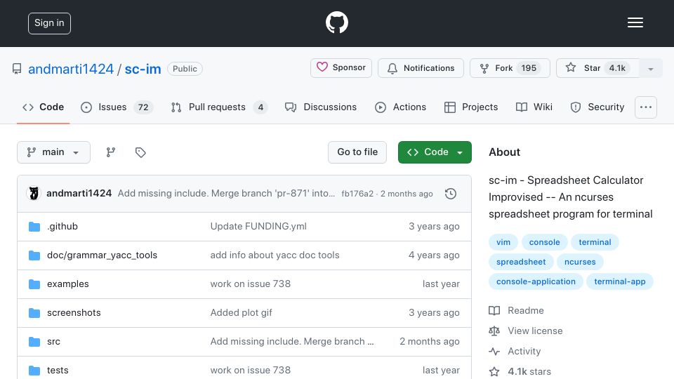 Screenshot of github.com: SCIM: Ncurses based, Vim-like spreadsheet