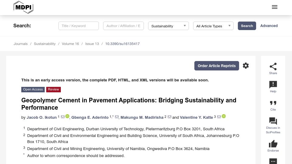 Screenshot of mdpi.com: Geopolymer Cement in Pavement Applications for Sustainability and Performance