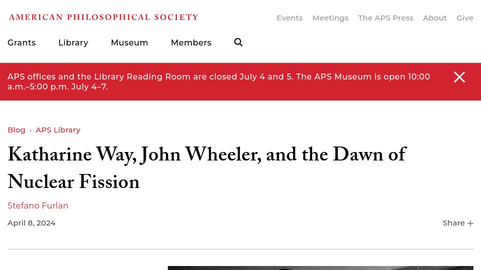 Screenshot of amphilsoc.org: Katharine Way, John Wheeler, and the Dawn of Nuclear Fission
