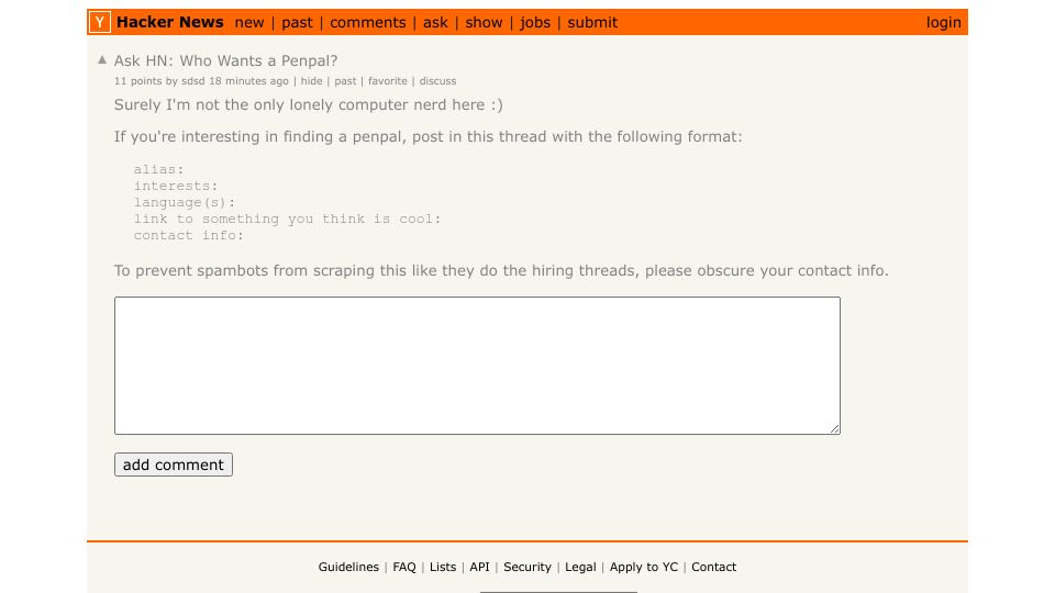 Screenshot of Hacker News post: Ask HN: Who Wants a Penpal?