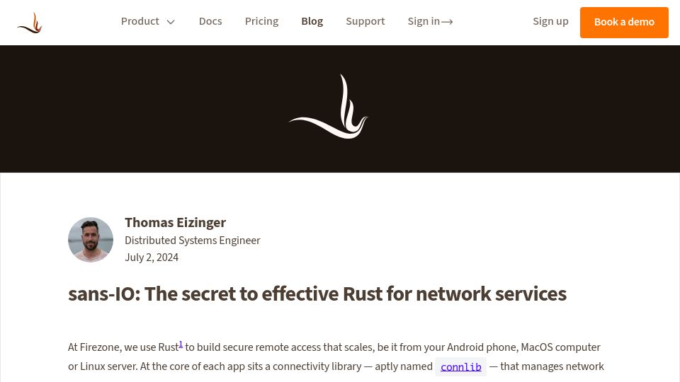 Screenshot of firezone.dev: Sans-IO: The secret to effective Rust for network services