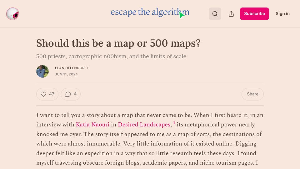 Screenshot of escapethealgorithm.substack.com: Should this be a map or 500 maps?
