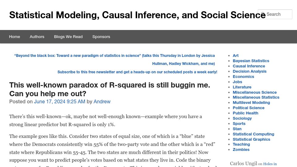 Screenshot of statmodeling.stat.columbia.edu: Well-known paradox of R-squared is still buggin me