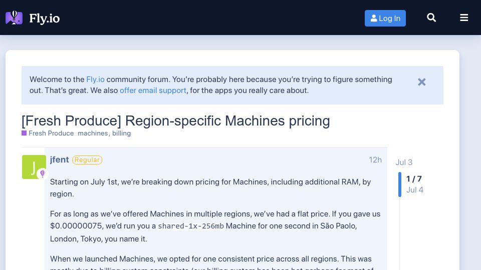 Screenshot of community.fly.io: Region-specific Machines pricing