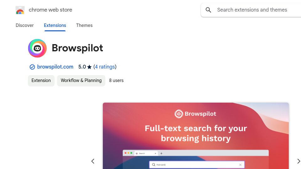 Screenshot of chromewebstore.google.com: Show HN: I built a full-text search for your browsing history