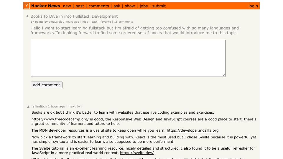 Screenshot of Hacker News post: Books to Dive in into Fullstack Development