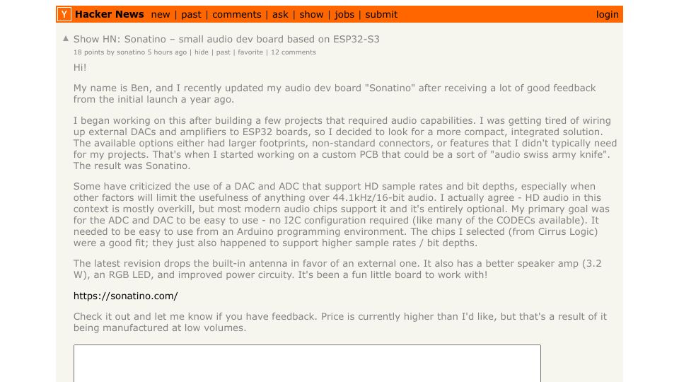 Screenshot of Hacker News post: Show HN: Sonatino – small audio dev board based on ESP32-S3