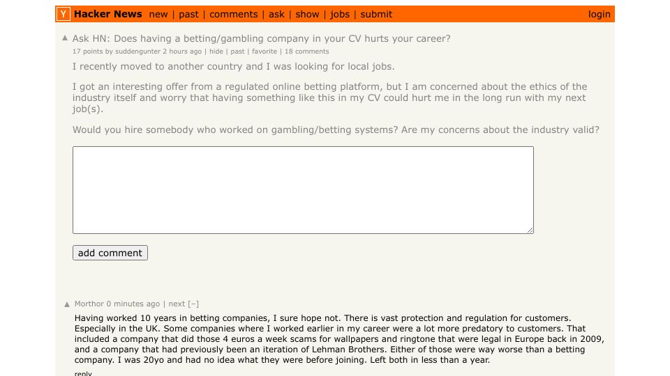 Screenshot of Hacker News post: Ask HN: Does having a betting/gambling company in your CV hurts your career?