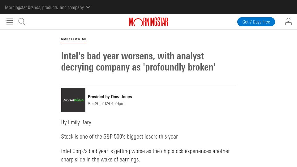 Screenshot of morningstar.com: Intel's bad year worsens, with analyst decrying company as 'profoundly broken'