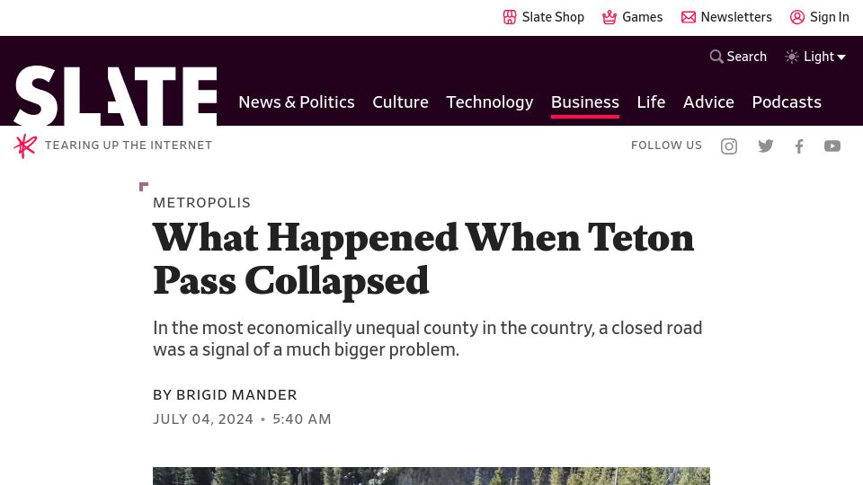 Screenshot of slate.com: The Teton Pass collapsed in the most economically unequal county in the country
