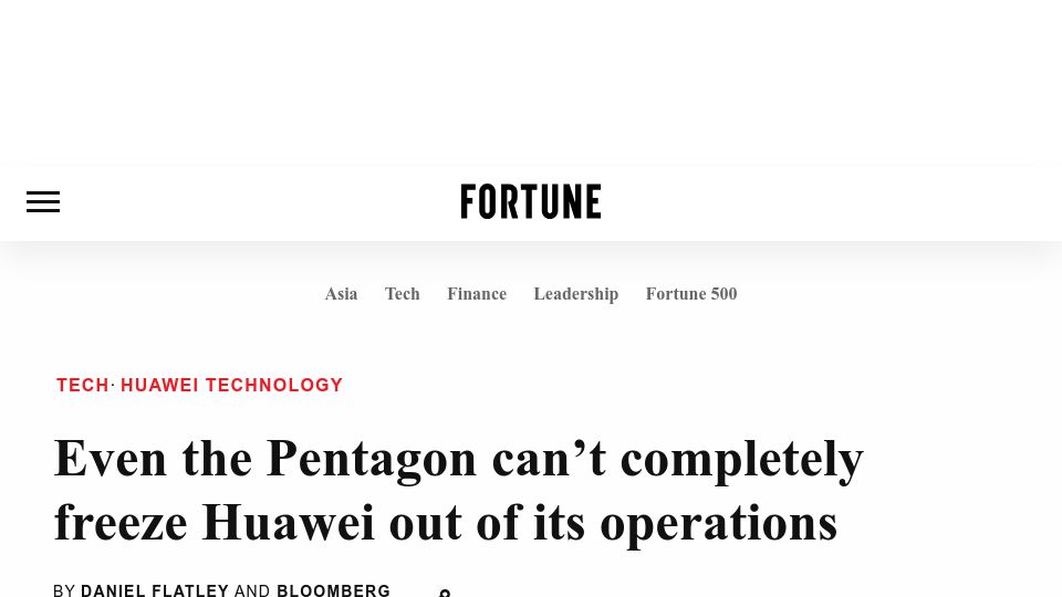 Screenshot of fortune.com: Even The Pentagon can't freeze Huawei out of its operations
