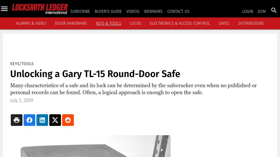 Screenshot of locksmithledger.com: Unlocking a Gary TL-15 Round-Door Safe (2009)