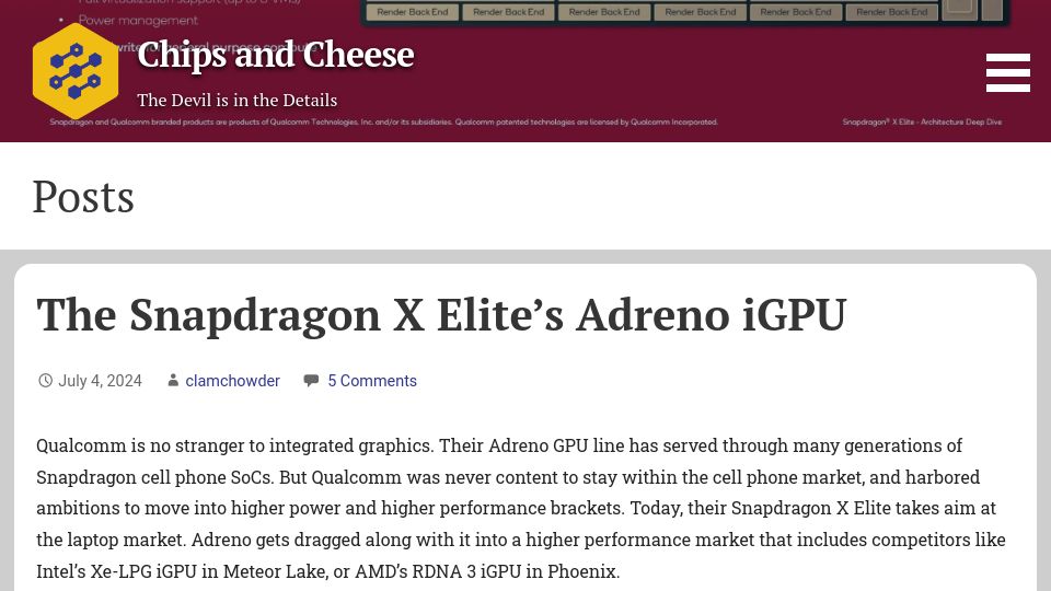 Screenshot of chipsandcheese.com: The Snapdragon X Elite's Adreno iGPU
