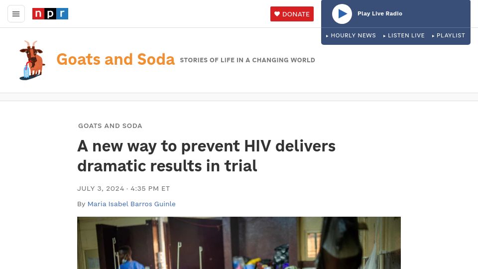 Screenshot of npr.org: A new way to prevent HIV delivers dramatic results in trial