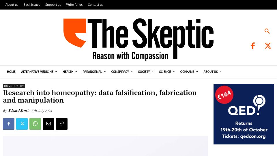 Screenshot of skeptic.org.uk: Research into homeopathy: data falsification, fabrication and manipulation