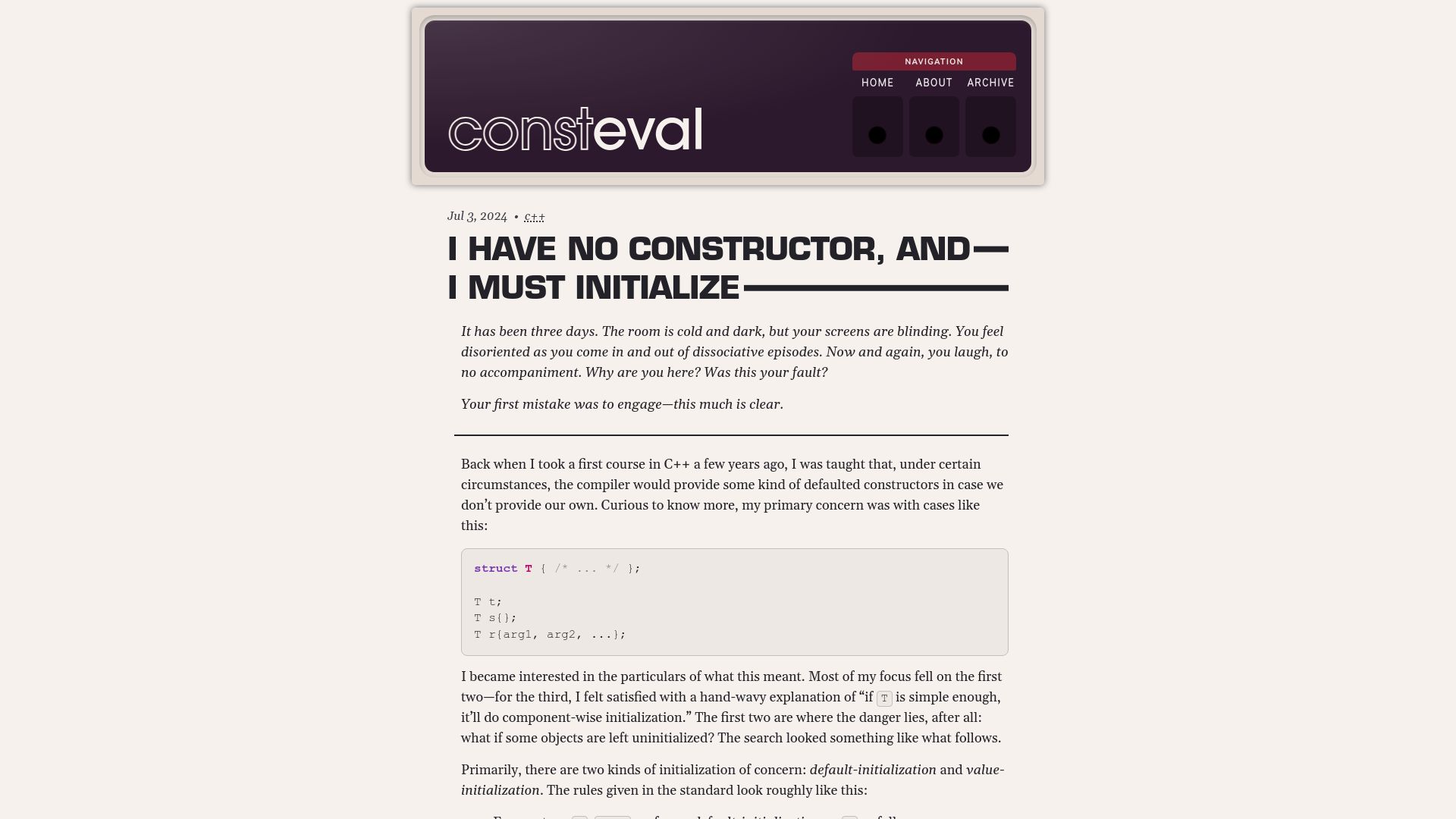 Screenshot of consteval.ca: I have no constructor, and I must initialize