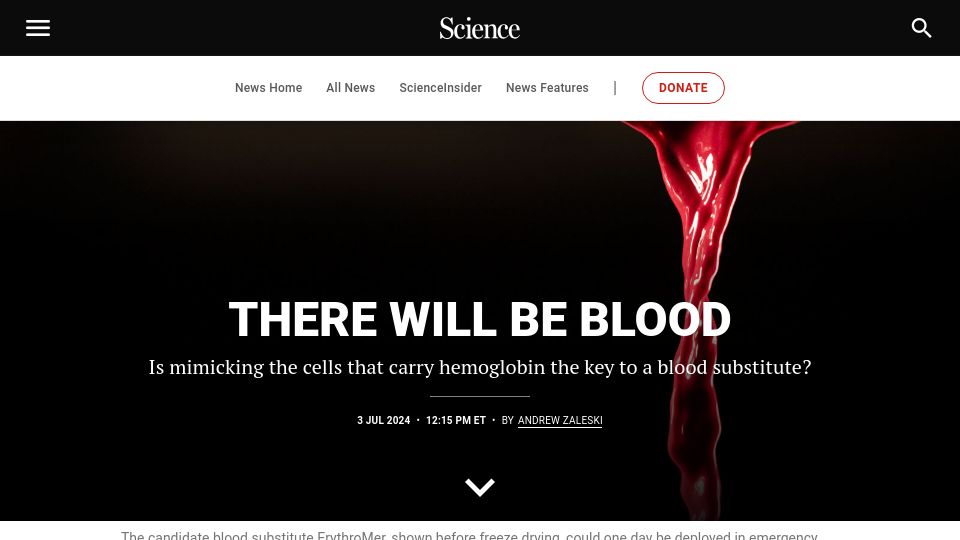 Screenshot of science.org: Mimicking the cells that carry hemoglobin as a blood substitute