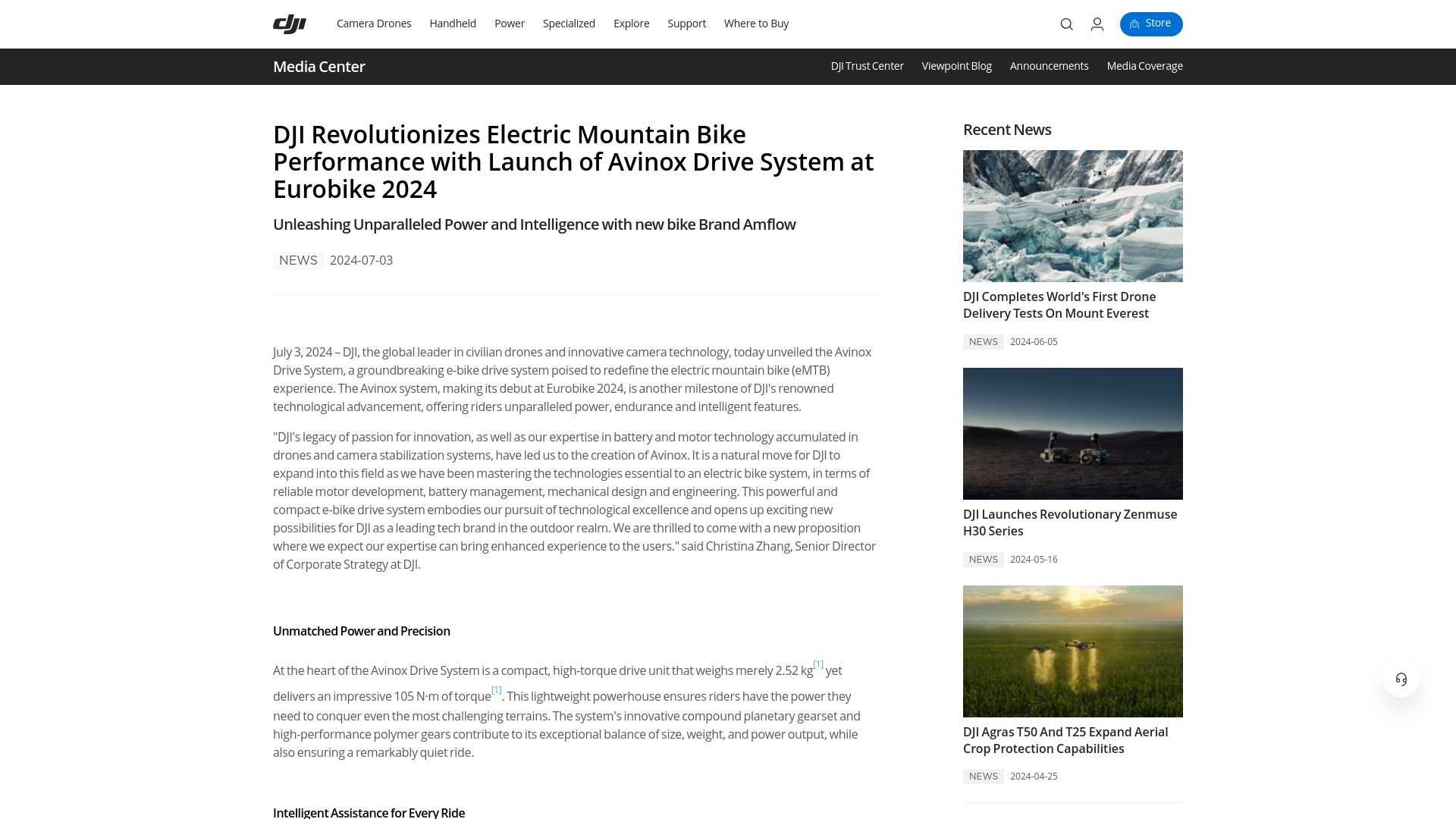 Screenshot of dji.com: DJI announces an electric mountain bike drive system