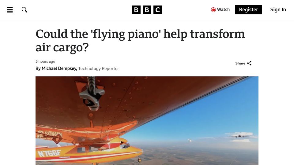 Screenshot of bbc.com: Could the 'flying piano' help transform air cargo?
