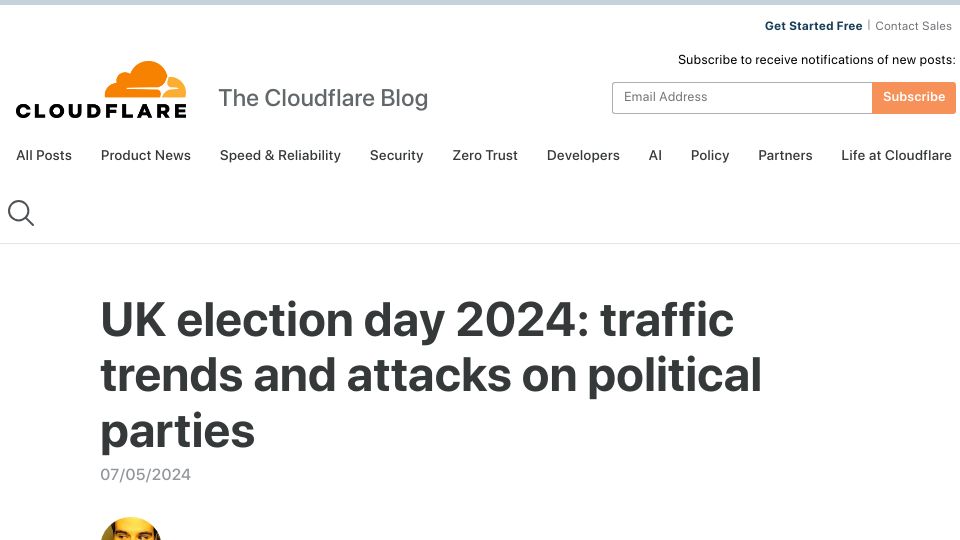 Screenshot of blog.cloudflare.com: UK election day 2024: traffic trends and attacks on political parties