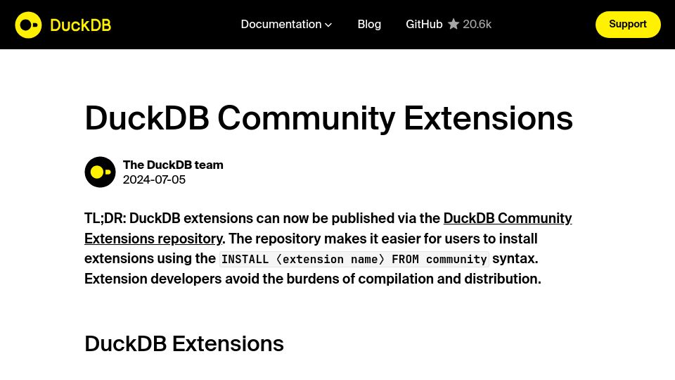 Screenshot of duckdb.org: DuckDB Community Extensions