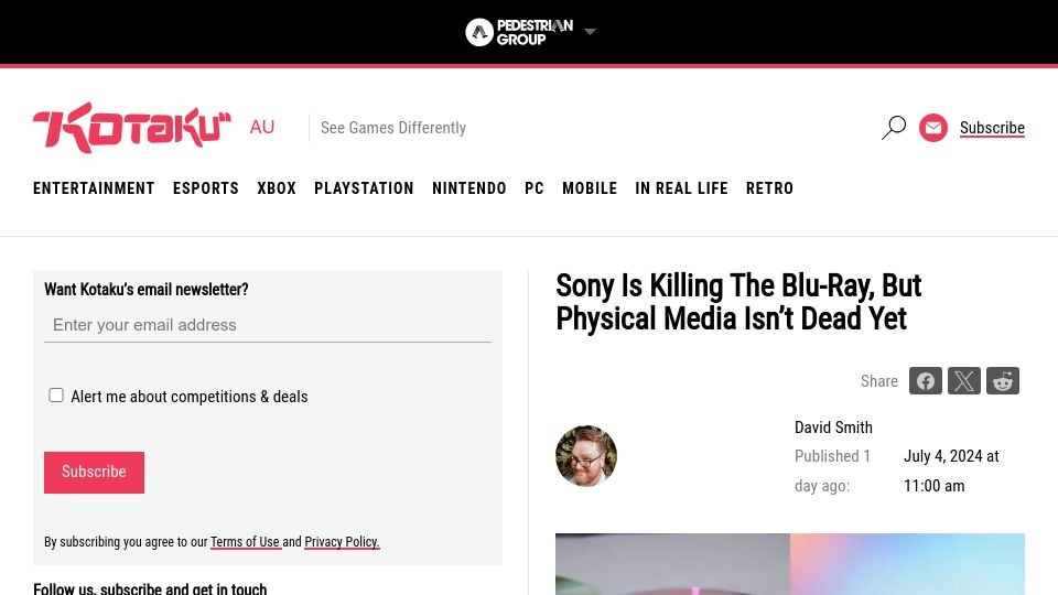 Screenshot of kotaku.com.au: Sony Is Killing the Blu-ray, but Physical Media Isn't Dead Yet