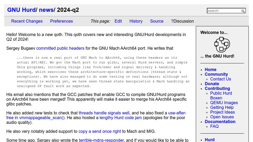 Screenshot of gnu.org: Debian GNU/Hurd now can compile 71% of the packages from the Debian archive