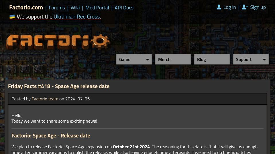 Screenshot of factorio.com: Space Age release date
