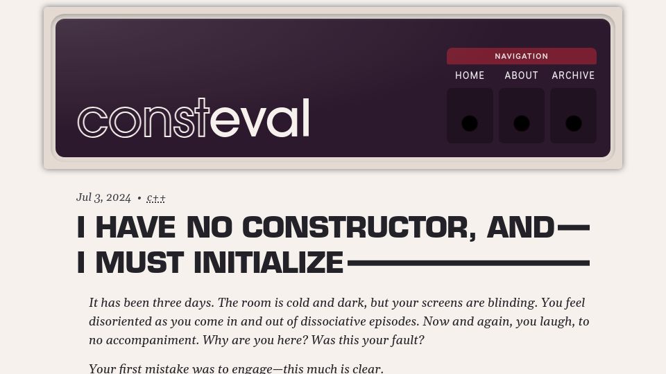 Screenshot of consteval.ca: I have no constructor, and I must initialize
