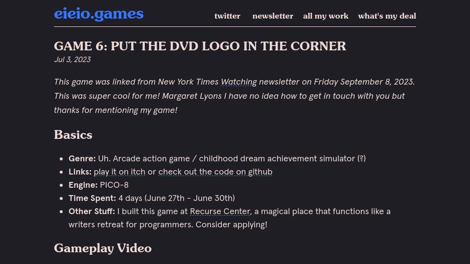 Screenshot of eieio.games: Put the DVD logo in the corner (2023)
