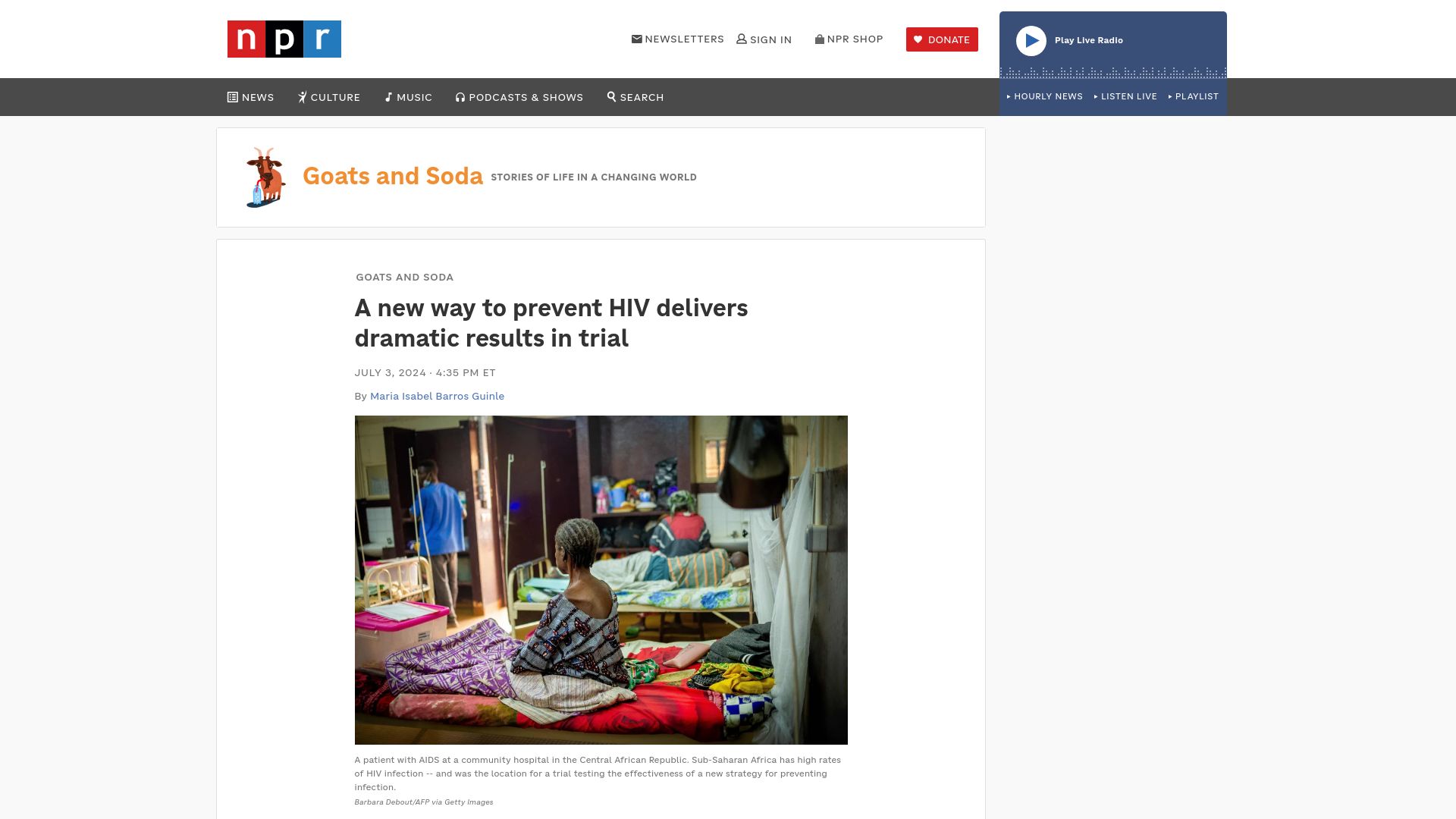 Screenshot of npr.org: A new way to prevent HIV delivers dramatic results in trial