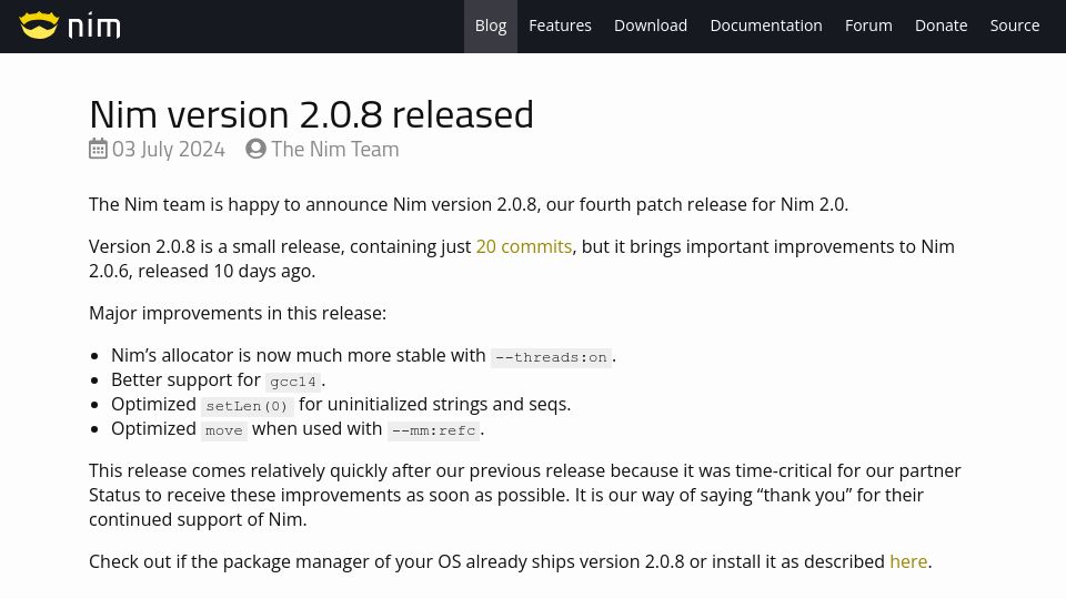 Screenshot of nim-lang.org: Nim Version 2.0.8 Released