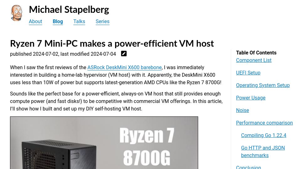 Screenshot of michael.stapelberg.ch: Ryzen 7 Mini-PC makes a power-efficient VM host