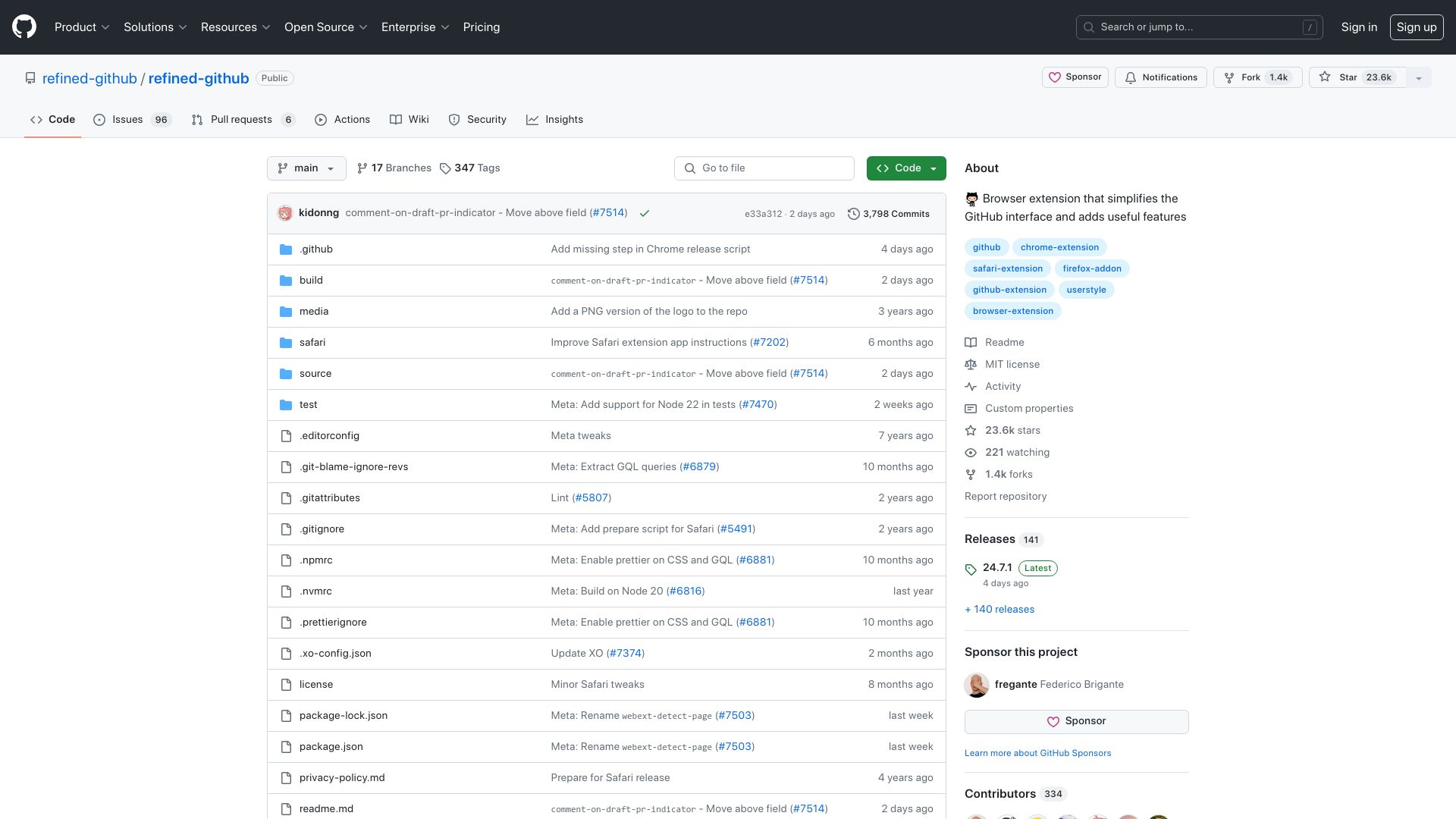 Screenshot of github.com: Refined GitHub: GitHub a lot and notice many annoyances we'd like to fix