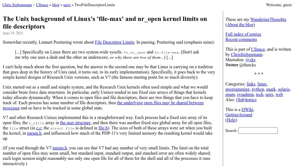 Screenshot of utcc.utoronto.ca: Background of Linux's "file-max" and "nr_open" limits on file descriptors (2021)