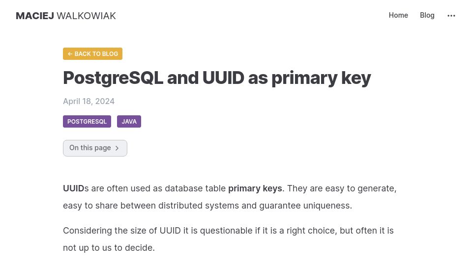 Screenshot of maciejwalkowiak.com: PostgreSQL and UUID as Primary Key