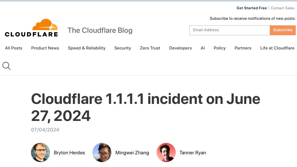 Screenshot of blog.cloudflare.com: Cloudflare 1.1.1.1 incident on June 27, 2024