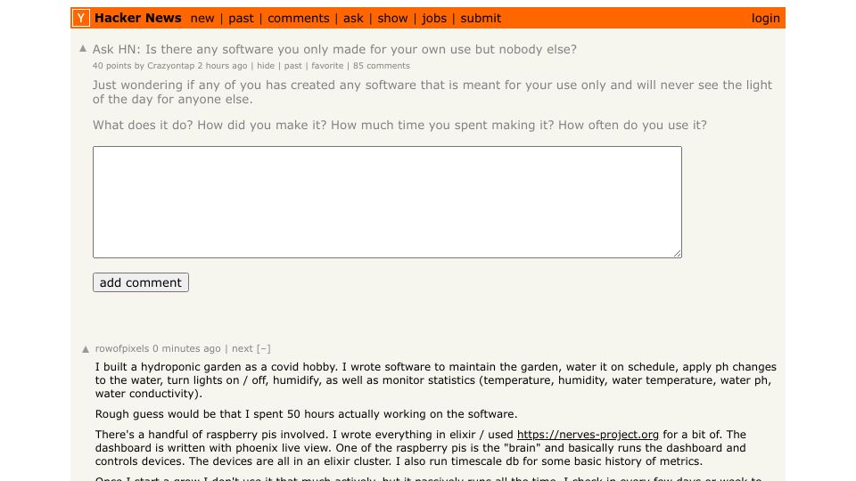 Screenshot of Hacker News post: Ask HN: Is there any software you only made for your own use but nobody else?