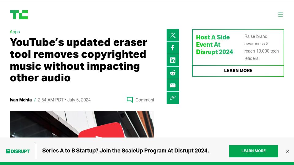 Screenshot of techcrunch.com: YouTube's eraser tool removes copyrighted music without impacting other audio