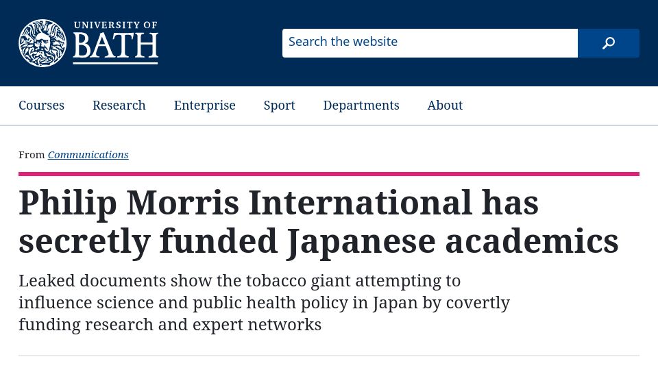 Screenshot of bath.ac.uk: Philip Morris International has funded Japanese academics