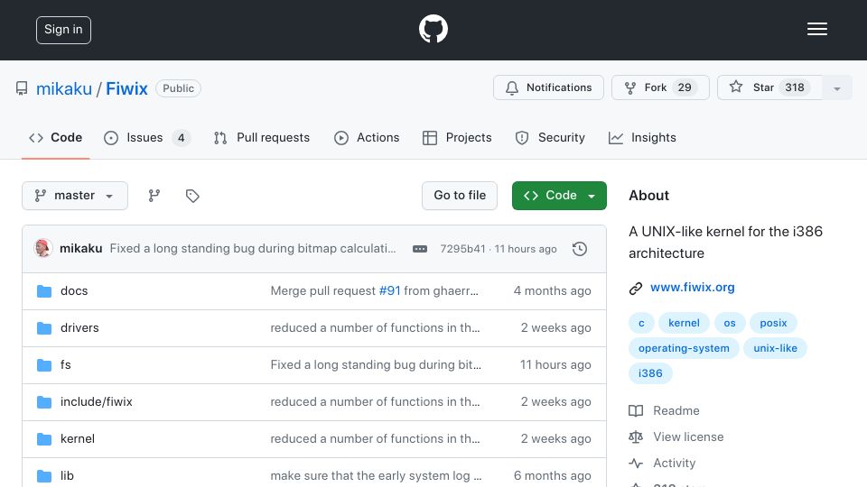Screenshot of github.com: Fiwix: Unix-like kernel for the i386 architecture