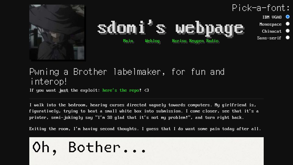 Screenshot of sdomi.pl: Pwning a Brother labelmaker, for fun and interop