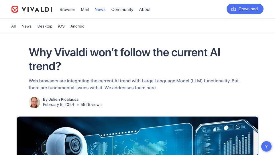 Screenshot of vivaldi.com: Why Vivaldi won't follow the current AI trend?