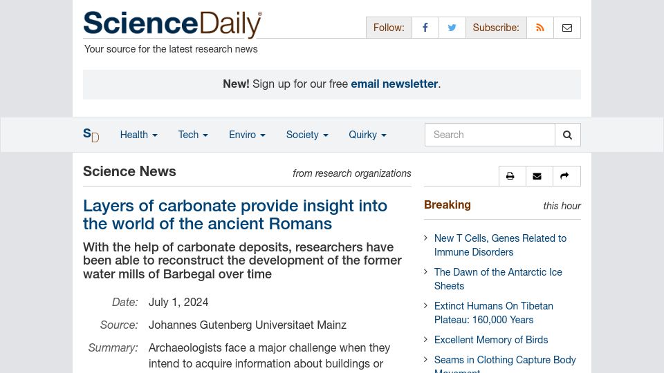 Screenshot of sciencedaily.com: New insights: Barbegal water mills